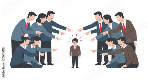 Illustration showing a young boy standing alone, facing bullying as many adults point accusing fingers at him in a stark white setting, conveying a sad and oppressive mood