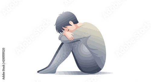 Digital illustration depicts a sad young person with arms wrapped around legs in a seated position, conveying a somber mood with muted grayscale tones against a clean white background