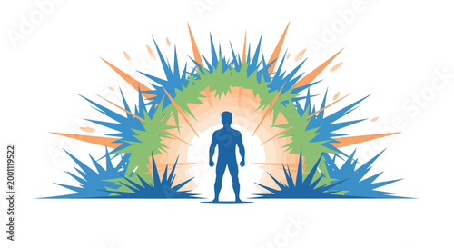 Silhouette of a person standing against a burst of colorful, spiky shapes on a white background, symbolizing resilience and overcoming bullying in an abstract, illustrative graphic