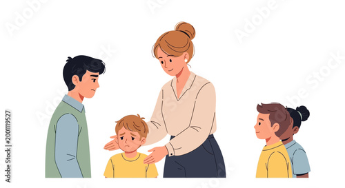 Concerned teacher intervening in a bullying situation by comforting a sad young boy, as other children watch with mixed expressions, set against a clean white background in a bright, flat