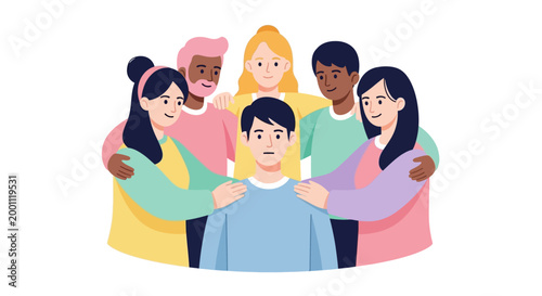 Digital illustration depicting support against bullying, showing a sad young man being comforted by a diverse group of caring friends with gentle hands on his shoulders against a clean