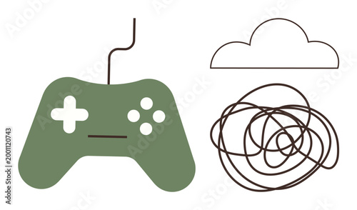 Gaming, technology, creativity, problem-solving, cloud storage, entertainment. Green gaming controller, cloud shape and black swirling line. Gaming and technology concept highlighting entertainment