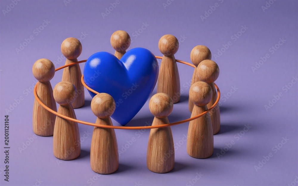 Obraz premium Wooden figures circle a blue heart symbolizing unity and care.