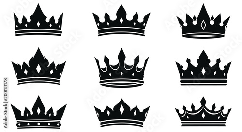 Elegant black crown silhouettes a regal collection for design and symbolic representation