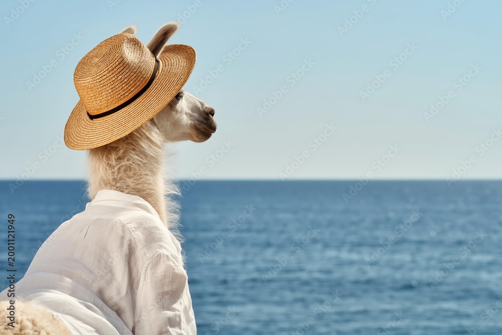 Fototapeta premium Llama wearing a straw hat and shirt looking out at the ocean
