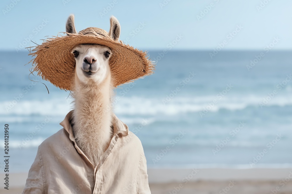 Fototapeta premium A llama wearing a straw hat and shirt on a beach, looking at the camera