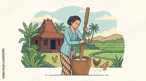 Vector illustration of Javanese woman pounding rice with traditional tools, wearing kebaya and batik sarong in a rural village setting, showcasing Indonesian culture and daily life.