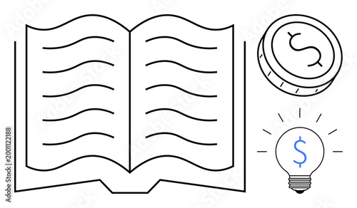 Education, financial planning, creative thinking, innovation, knowledge sharing, investment ideas. Open book, coin with dollar sign and lightbulb learning and growth. Education and finance