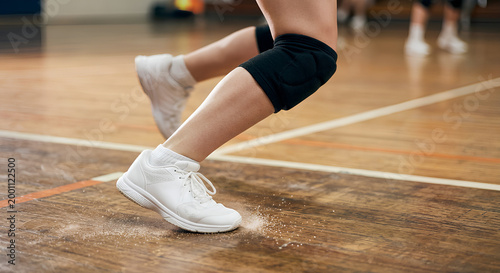 Close-up of volleyball player legs wearing knee pads and white shoes on a wooden indoor court during active match play.