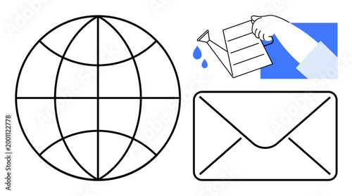 Globalization, online communication, messaging, environmental care, nurturing growth, worldwide network. Globe, envelope and hand watering. Online communication and environmental care concept