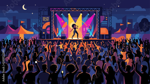 This flat design illustration captures the vibrant energy of a live music concert at the Essence Festival, showcasing a diverse audience enjoying a minimalist stage performance.