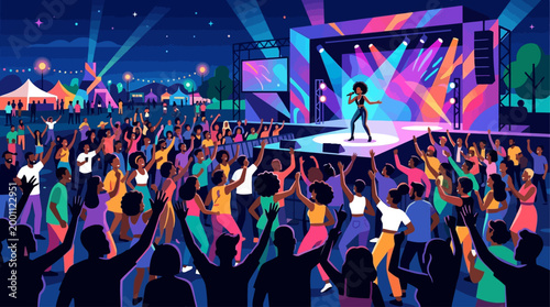 This flat design illustration captures the vibrant energy of a live music concert at the Essence Festival, showcasing a diverse audience enjoying a minimalist stage performance.