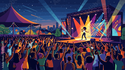 This flat design illustration captures the vibrant energy of a live music concert at the Essence Festival, showcasing a diverse audience enjoying a minimalist stage performance.