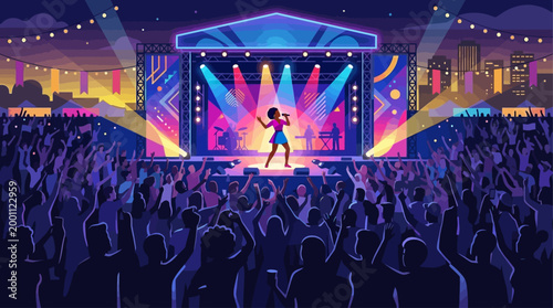 This flat design illustration captures the vibrant energy of a live music concert at the Essence Festival, showcasing a diverse audience enjoying a minimalist stage performance.