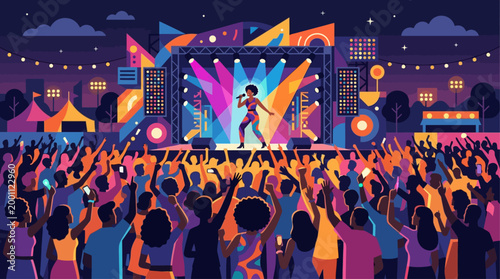 This flat design illustration captures the vibrant energy of a live music concert at the Essence Festival, showcasing a diverse audience enjoying a minimalist stage performance.