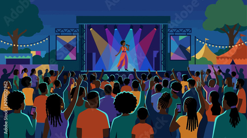 This flat design illustration captures the vibrant energy of a live music concert at the Essence Festival, showcasing a diverse audience enjoying a minimalist stage performance.