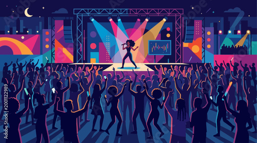 This flat design illustration captures the vibrant energy of a live music concert at the Essence Festival, showcasing a diverse audience enjoying a minimalist stage performance.