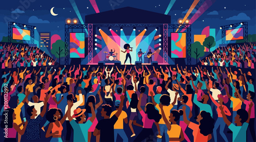 This flat design illustration captures the vibrant energy of a live music concert at the Essence Festival, showcasing a diverse audience enjoying a minimalist stage performance.