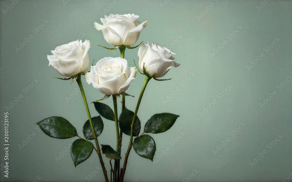 Fototapeta premium Three elegant white roses with green leaves against a soft muted