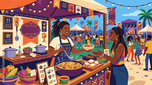 This flat design depicts a joyful culinary experience at the Essence Festival, with a vendor serving delicious food to a happy customer.