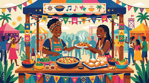 This flat design depicts a joyful culinary experience at the Essence Festival, with a vendor serving delicious food to a happy customer.