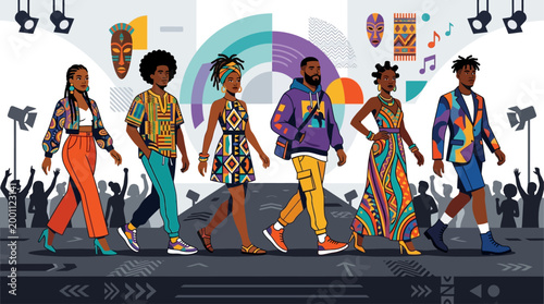 This flat design illustrates the vibrant fashion and style showcase at the Essence Festival, featuring diverse individuals confidently walking a minimalist runway.