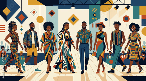 This flat design illustrates the vibrant fashion and style showcase at the Essence Festival, featuring diverse individuals confidently walking a minimalist runway.