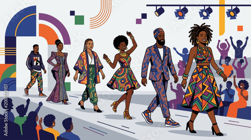 This flat design illustrates the vibrant fashion and style showcase at the Essence Festival, featuring diverse individuals confidently walking a minimalist runway.