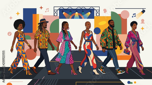 This flat design illustrates the vibrant fashion and style showcase at the Essence Festival, featuring diverse individuals confidently walking a minimalist runway.