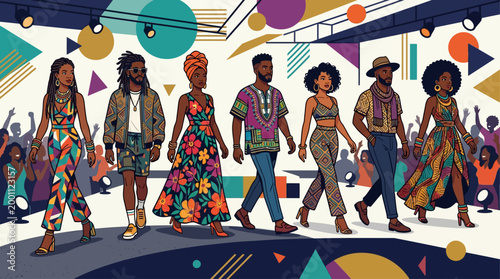 This flat design illustrates the vibrant fashion and style showcase at the Essence Festival, featuring diverse individuals confidently walking a minimalist runway.