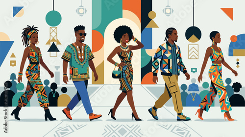This flat design illustrates the vibrant fashion and style showcase at the Essence Festival, featuring diverse individuals confidently walking a minimalist runway.