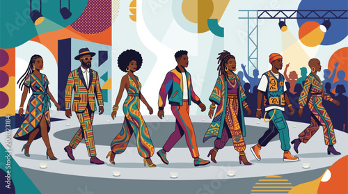 This flat design illustrates the vibrant fashion and style showcase at the Essence Festival, featuring diverse individuals confidently walking a minimalist runway.