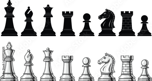 Chess Piece Icon Set Featuring King Queen Bishop Knight Rook and Pawn in Black Silhouette and Metallic Style Vector Illustration for Board Game Design.