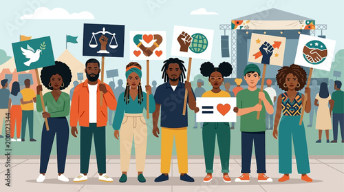 This flat design illustrates diverse individuals advocating for social justice and equality at the Essence Festival, standing united with symbolic signs.
