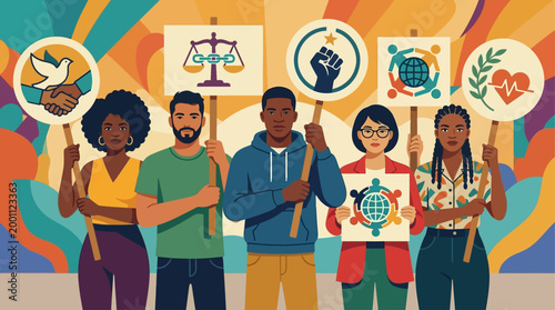 This flat design illustrates diverse individuals advocating for social justice and equality at the Essence Festival, standing united with symbolic signs.