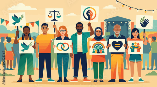 This flat design illustrates diverse individuals advocating for social justice and equality at the Essence Festival, standing united with symbolic signs.