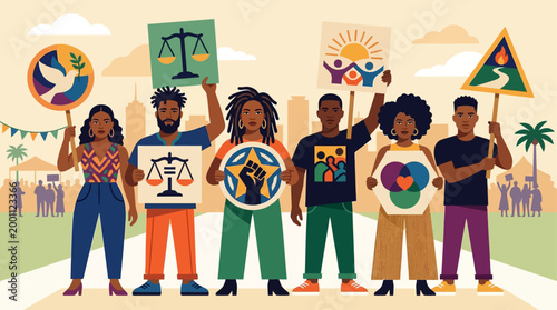 This flat design illustrates diverse individuals advocating for social justice and equality at the Essence Festival, standing united with symbolic signs.
