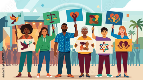 This flat design illustrates diverse individuals advocating for social justice and equality at the Essence Festival, standing united with symbolic signs.