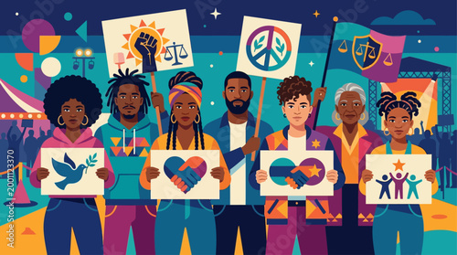 This flat design illustrates diverse individuals advocating for social justice and equality at the Essence Festival, standing united with symbolic signs.