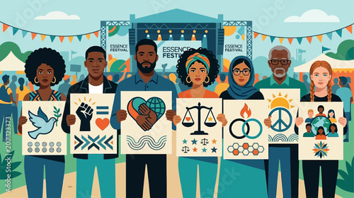This flat design illustrates diverse individuals advocating for social justice and equality at the Essence Festival, standing united with symbolic signs.