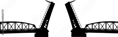 Silhouette of a boat passing under a bascule bridge isolated on white background
