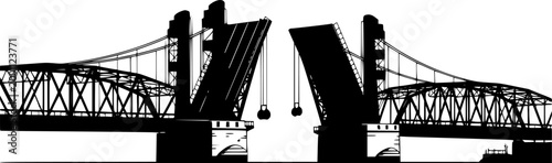 Silhouette of a boat passing under a bascule bridge isolated on white background
