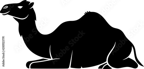 Black silhouette of a camel lying down isolated on white backgroun