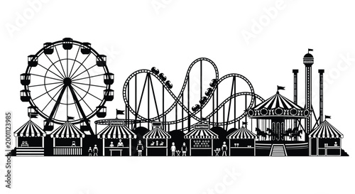 Amusement park silhouette ferris wheel roller coaster and carnival rides in black and white