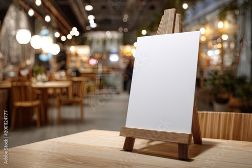 Blank canvas on wooden easel in softly lit cafe setting, ready for art