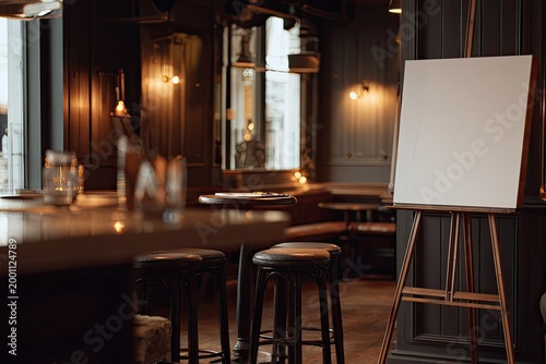 Cozy dimly lit indoor seating area with a blank easel and tables