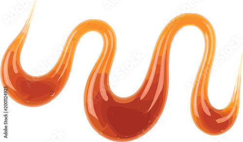 Glossy Flowing Caramel Sauce Drizzle Swirl Stroke on White Background Sweet Liquid Toffee Syrup Vector Illustration