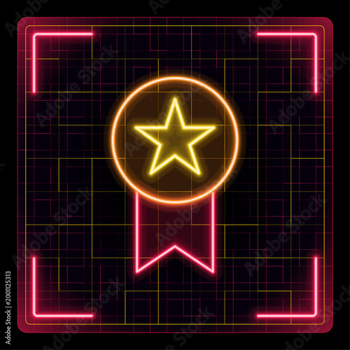 star medal icon, quality guarantee vector, medal and ribbon illustration, rating, award badge, gold medal victory. Neon glow editable stroke icon design collection.