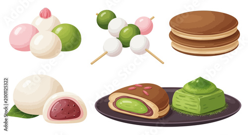 A colorful assortment of traditional Japanese sweets, including mochi and dango, are displayed in a vibrant, eye-level illustration against a clean white background, showcasing their unique