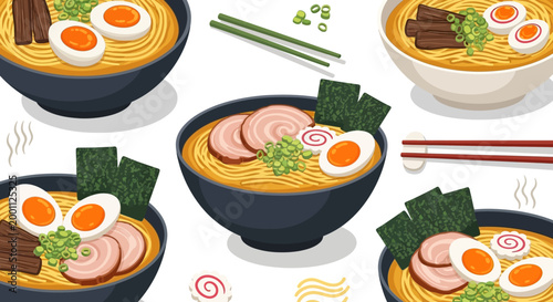 Overhead graphic illustration of various ramen bowls featuring noodles, sliced pork, nori, and soft-boiled eggs, presented against a clean white background with a flat lay composition